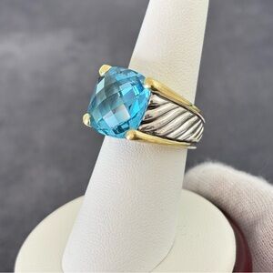 David Yurman 925 & 18k Gold Deco Cable Ring with Blue Topaz 7